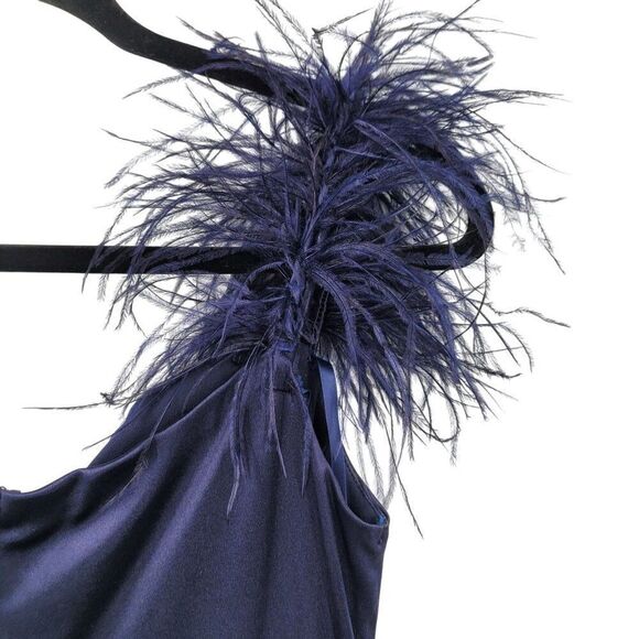 City Vibe Satin Navy Blue Feather-Shoulder Formal Gown Sz 9 Front Slit Prom Gala - Picture 2 of 12
